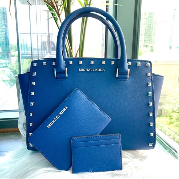 Michael Kors Handbags - 3 Pc. Michael Kors Selma Stud Satchel Blue